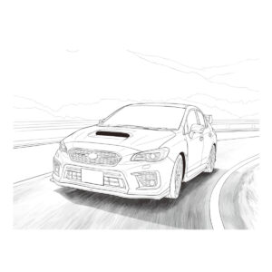 走行中のWRX STI(VAB)の無料塗り絵イラスト（知育・高齢者レク用）