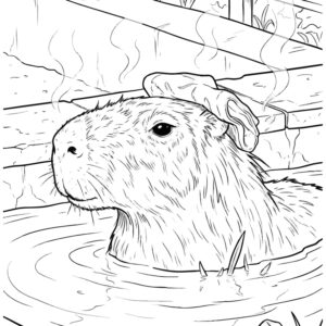 温泉に浸かるカピバラの無料塗り絵イラスト（知育・高齢者レク用）