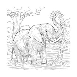 水浴びしているゾウの無料塗り絵イラスト（知育・高齢者レク用）