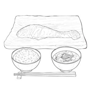 焼き鮭定食　お箸ありの無料塗り絵イラスト（知育・高齢者レク用）