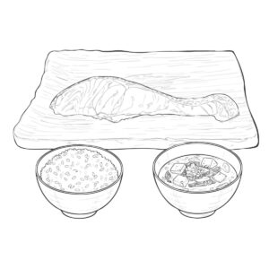 焼き鮭定食の無料塗り絵イラスト（知育・高齢者レク用）