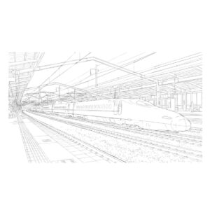 駅に停車中のN700系の無料塗り絵イラスト（知育・高齢者レク用）