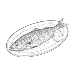 秋刀魚（さんま）の塩焼きの無料塗り絵イラスト（知育・高齢者レク用）