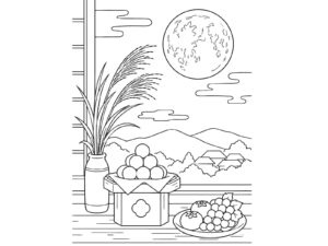 お月見（十五夜）縦の無料塗り絵イラスト（知育・高齢者レク用）