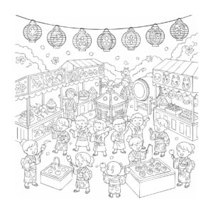 秋祭りの無料塗り絵イラスト（知育・高齢者レク用）