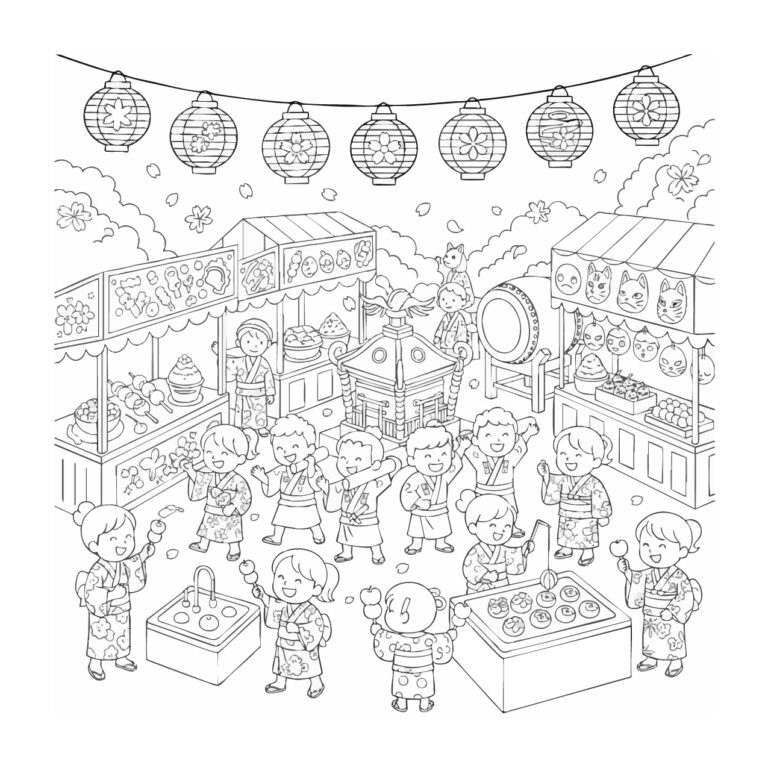 秋祭りの無料塗り絵イラスト（知育・高齢者レク用）