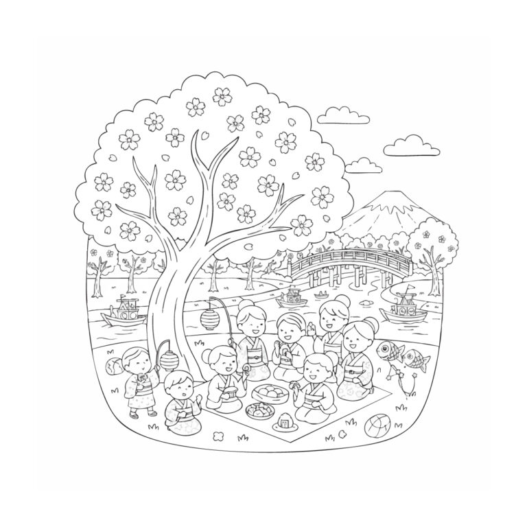 Free printable Hanami (Cherry Blossom Viewing) coloring page