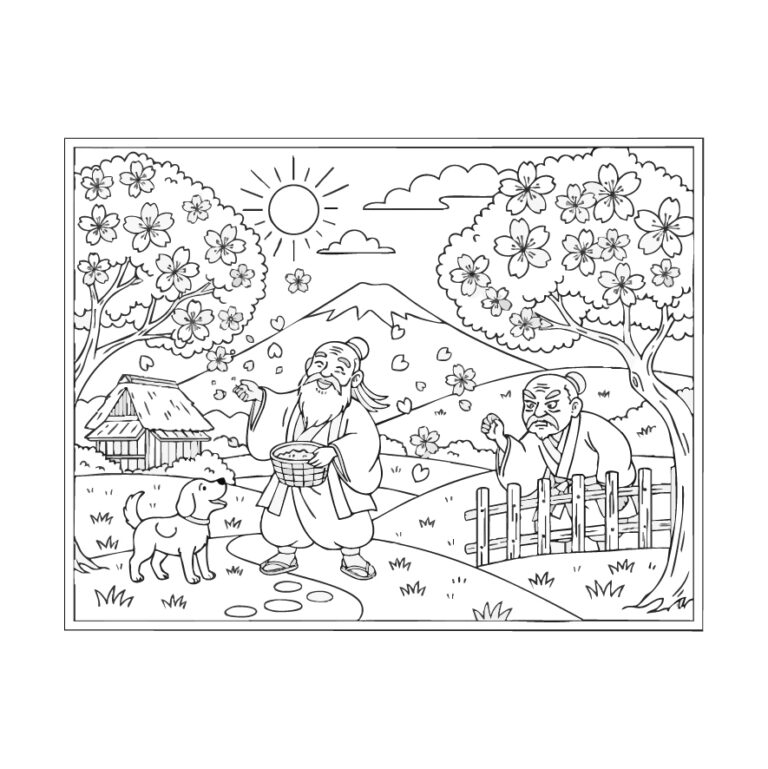 花咲かじいさんの無料塗り絵イラスト（知育・高齢者レク用）