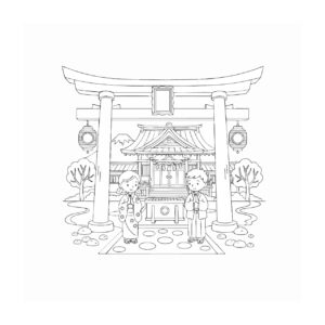 初詣の無料塗り絵イラスト（知育・高齢者レク用）