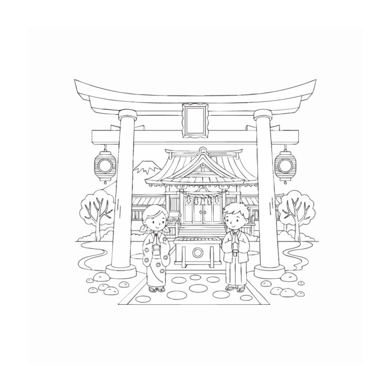 初詣の無料塗り絵イラスト（知育・高齢者レク用）