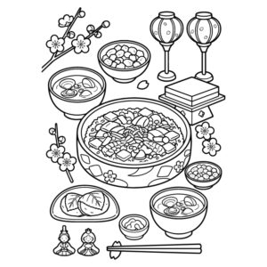 ひな祭り 食べ物の無料塗り絵イラスト（知育・高齢者レク用）