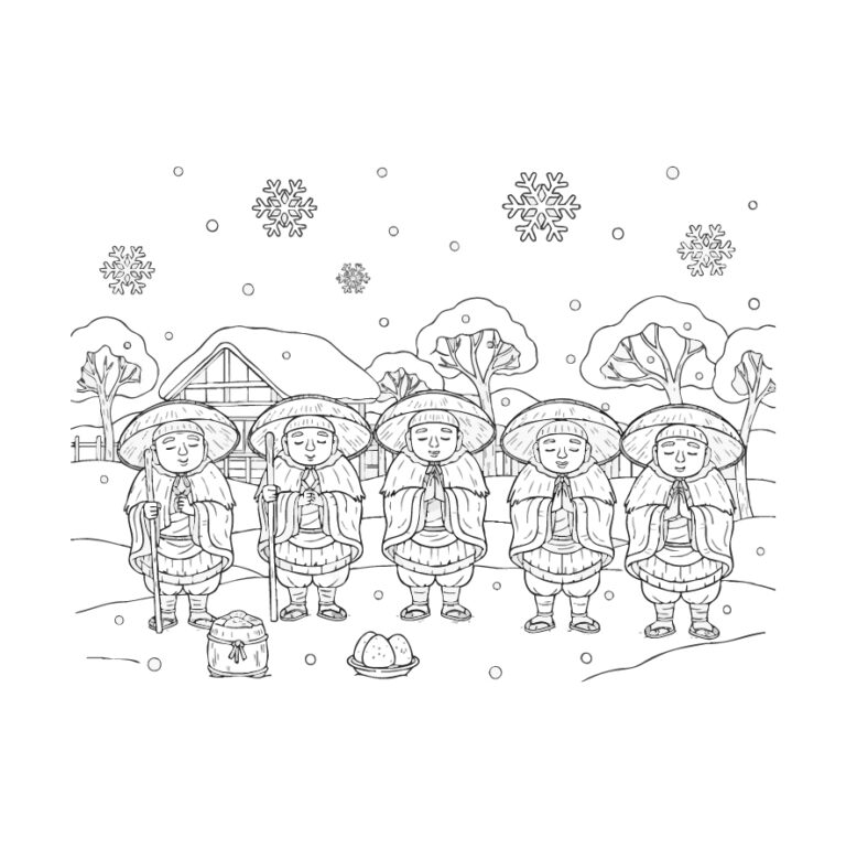 笠地蔵の無料塗り絵イラスト（知育・高齢者レク用）