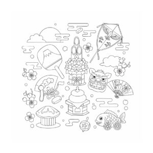 正月２の無料塗り絵イラスト（知育・高齢者レク用）