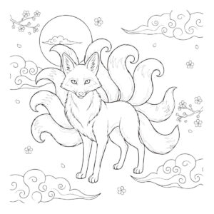 九尾の狐（九尾狐）の無料塗り絵イラスト（知育・高齢者レク用）