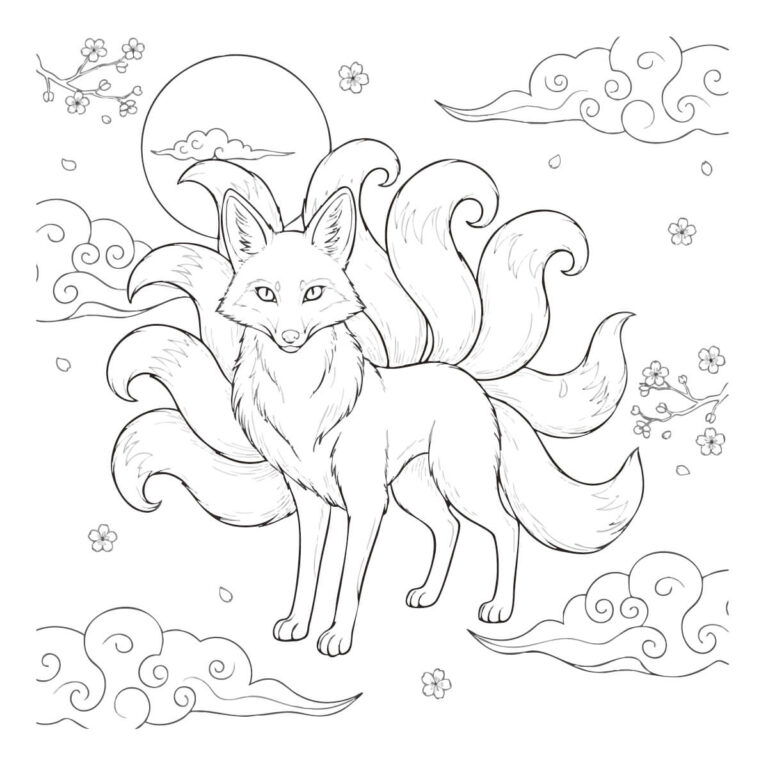 九尾の狐（九尾狐）の無料塗り絵イラスト（知育・高齢者レク用）