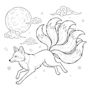 夜空を駆ける九尾の狐の無料塗り絵イラスト（知育・高齢者レク用）