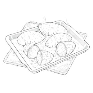 トレーの上の焼き芋の無料塗り絵イラスト（知育・高齢者レク用）