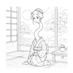 可愛いろくろ首　背景ありの無料塗り絵イラスト（知育・高齢者レク用）