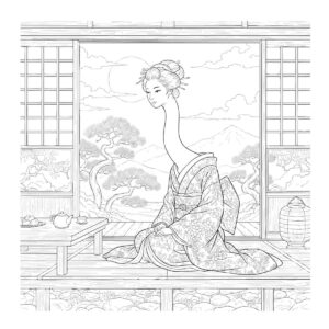 ろくろ首　背景ありの無料塗り絵イラスト（知育・高齢者レク用）