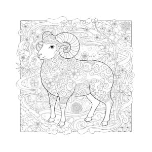 和がらのひつじと花の無料塗り絵イラスト（知育・高齢者レク用）