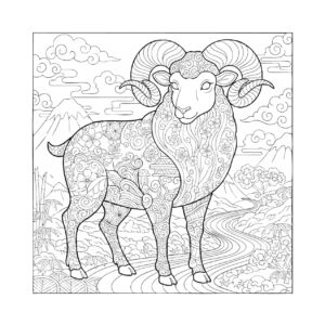 和がらのひつじと富士山の無料塗り絵イラスト（知育・高齢者レク用）
