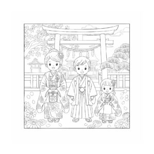神社でお参りする家族の無料塗り絵イラスト（知育・高齢者レク用）