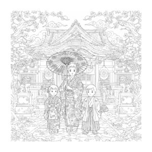 和がさのお母さんと神社（細密）の無料塗り絵イラスト（知育・高齢者レク用）
