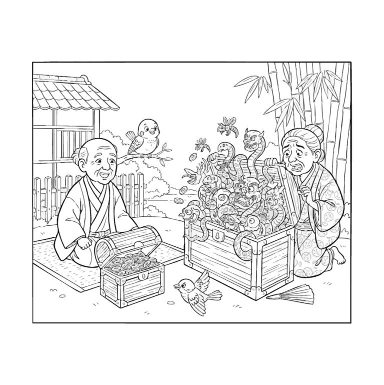 舌切り雀の無料塗り絵イラスト（知育・高齢者レク用）