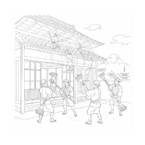 煤払いの無料塗り絵イラスト（知育・高齢者レク用）