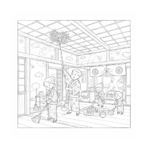 煤払い２の無料塗り絵イラスト（知育・高齢者レク用）