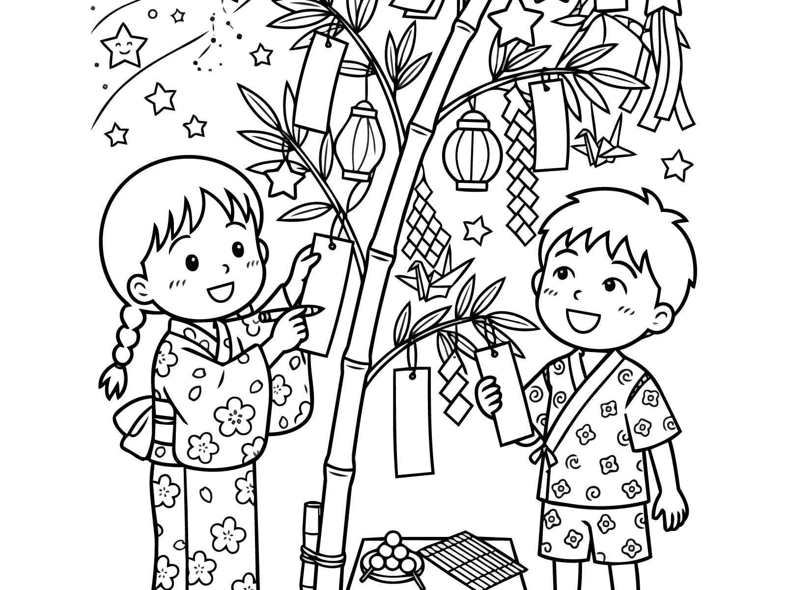 七夕５の無料塗り絵イラスト（知育・高齢者レク用）