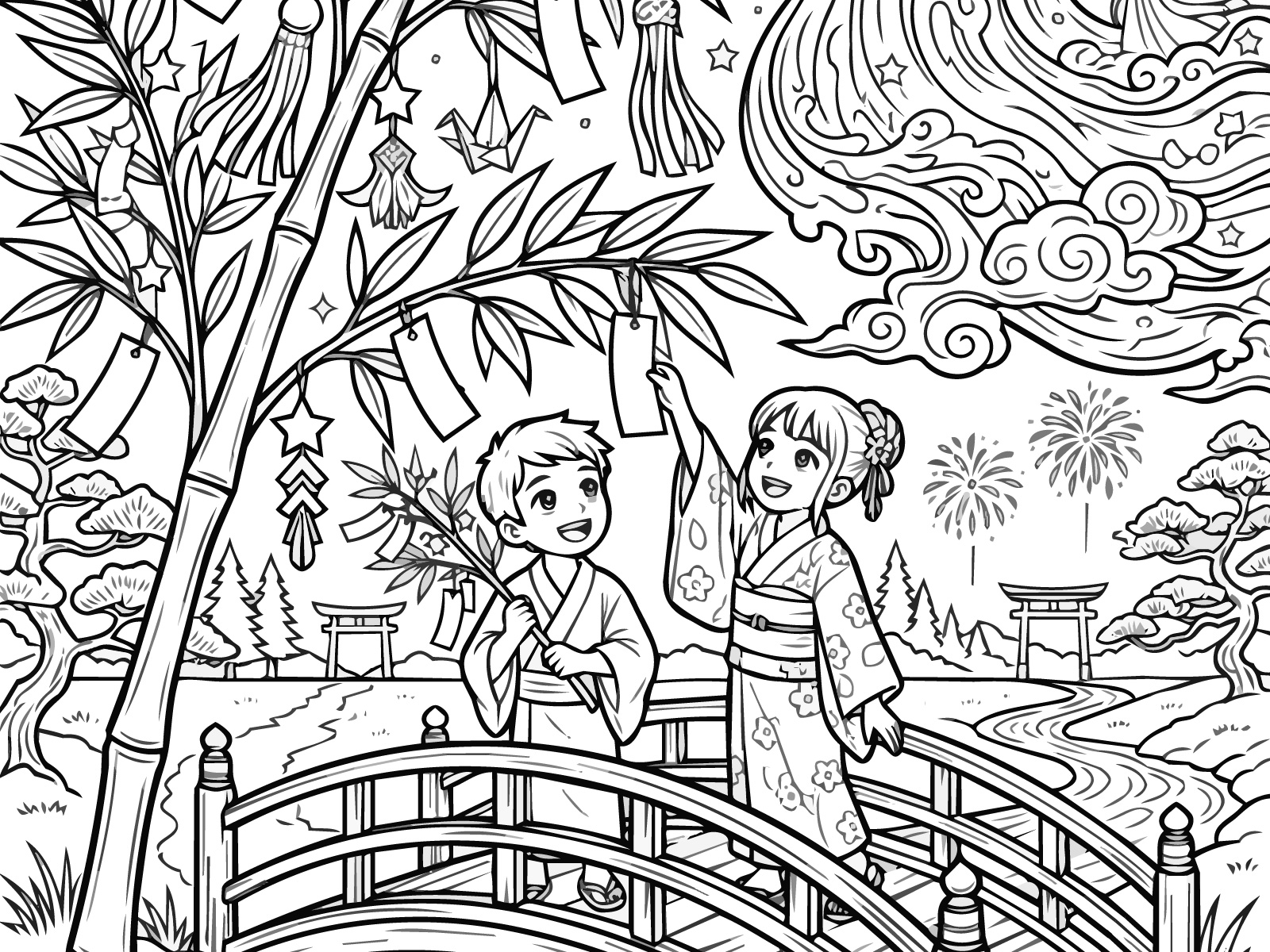 七夕６の無料塗り絵イラスト（知育・高齢者レク用）