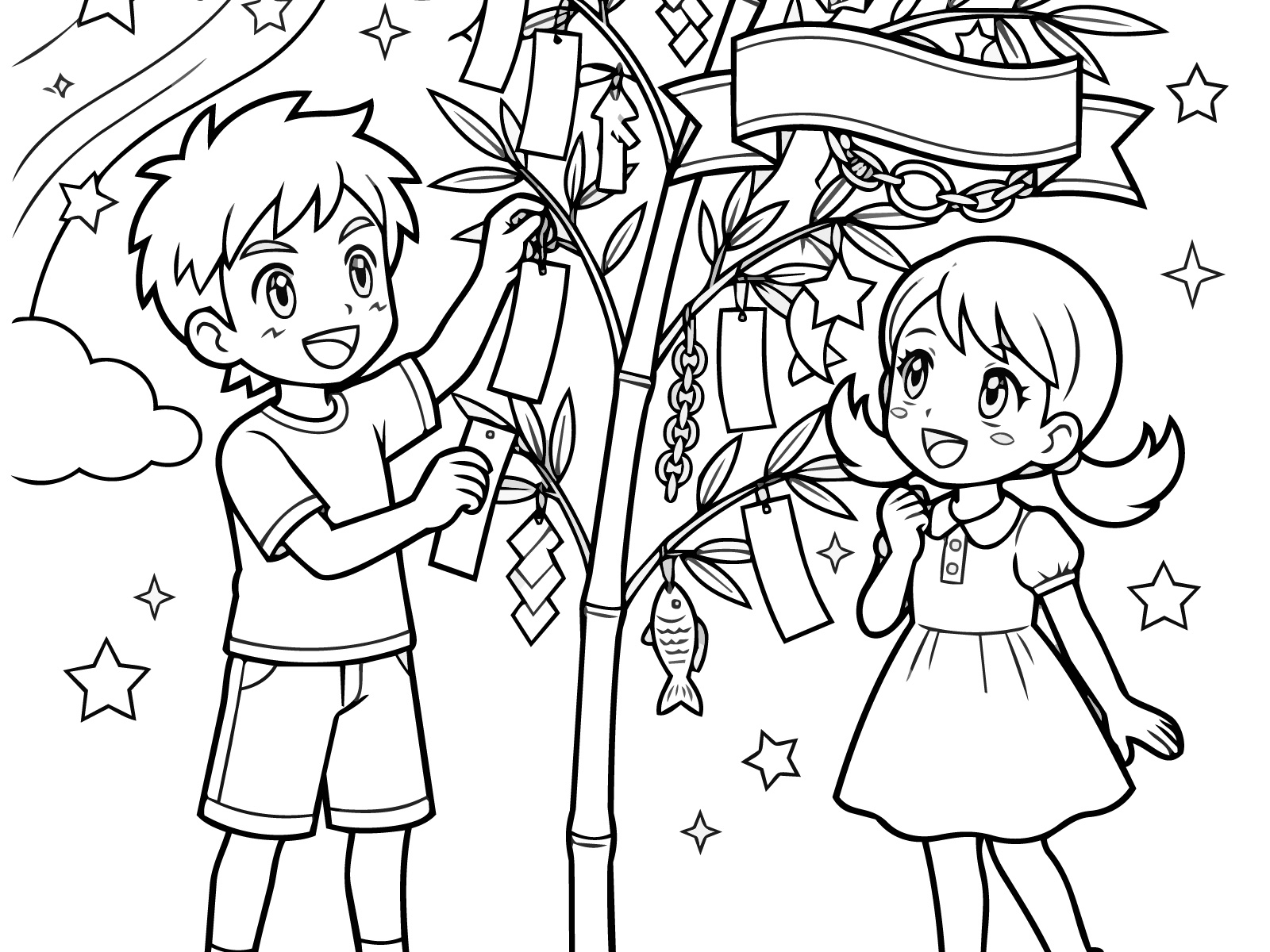 七夕の無料塗り絵イラスト（知育・高齢者レク用）