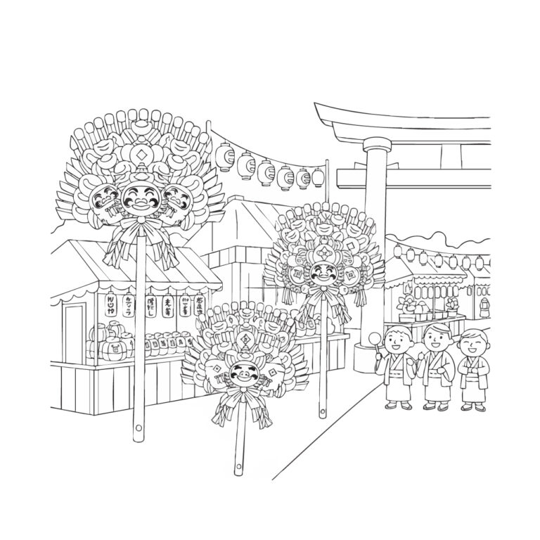酉の市の無料塗り絵イラスト（知育・高齢者レク用）