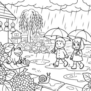 梅雨の無料塗り絵イラスト（知育・高齢者レク用）