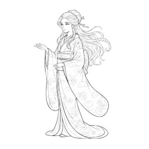 雪女　背景なしの無料塗り絵イラスト（知育・高齢者レク用）