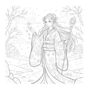 雪女の無料塗り絵イラスト（知育・高齢者レク用）