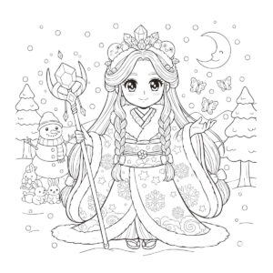 かわいい 雪女の無料塗り絵イラスト（知育・高齢者レク用）