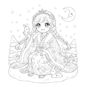 かわいい 雪女の無料塗り絵イラスト（知育・高齢者レク用）