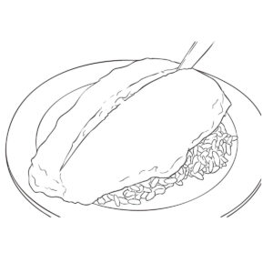 ナイフで割っているオムライスの無料塗り絵イラスト（知育・高齢者レク用）