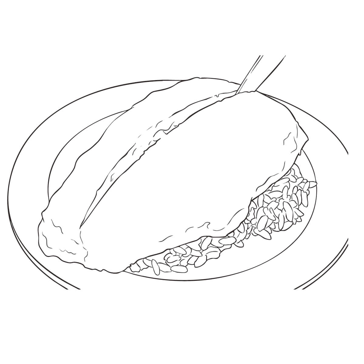 ナイフで割っているオムライス