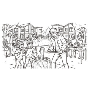 餅つきの無料塗り絵イラスト（知育・高齢者レク用）