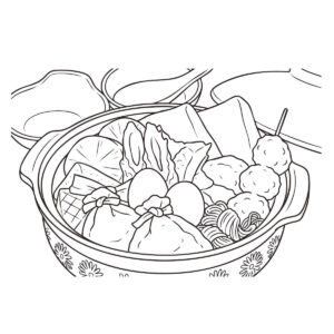 鍋に入ったおでんの無料塗り絵イラスト（知育・高齢者レク用）