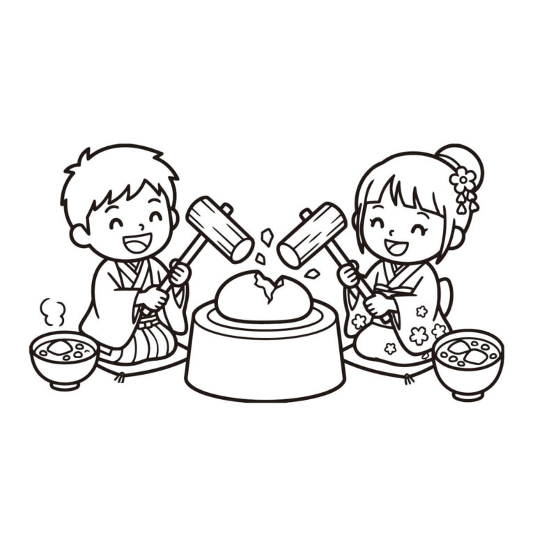 鏡開きの無料塗り絵イラスト（知育・高齢者レク用）
