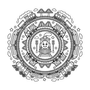 Free printable Train mandala for kids coloring page