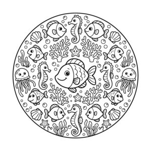Free printable Fish mandala for kids coloring page