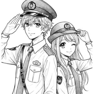 警察官 美少女漫画風の無料塗り絵イラスト（知育・高齢者レク用）