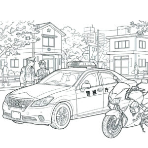 警察官とパトカー白バイの無料塗り絵イラスト（知育・高齢者レク用）