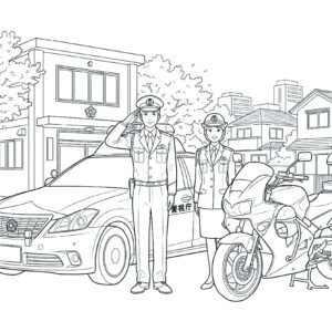 警察官とパトカー白バイの無料塗り絵イラスト（知育・高齢者レク用）