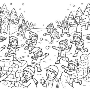 雪合戦の無料塗り絵イラスト（知育・高齢者レク用）
